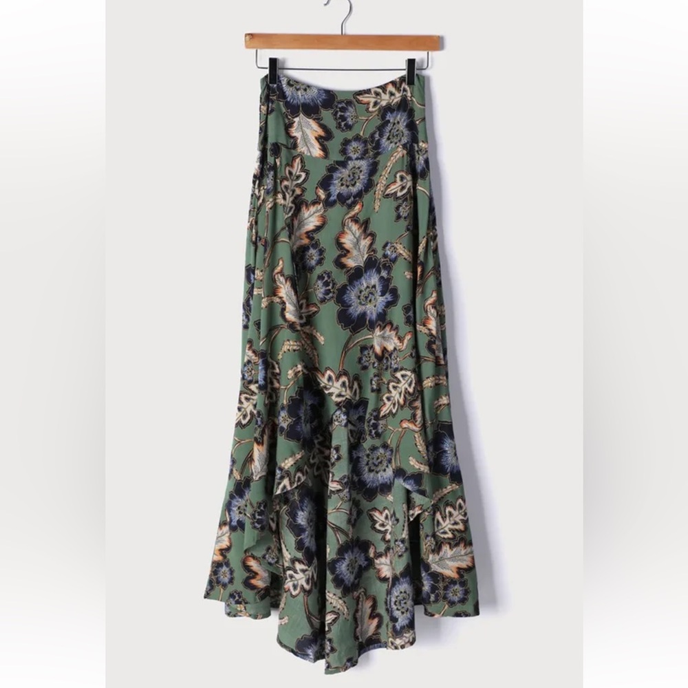 NEW Lulus Green Floral Print High-Low Maxi Skirt